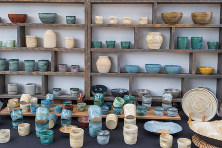 A wide variety of handcrafted ceramic pottery, including bowls, cups, and vases, arranged on wooden shelves and a table.の写真素材
