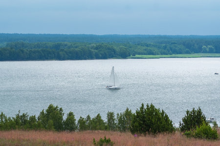 A lone sailboat glides across a peaceful lake surrounded by lush green forests under a cloudy sky.の写真素材