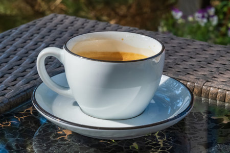 A white cup of espresso sits on a saucer on an outdoor table, basking in the sunlight with a garden in the background.の写真素材