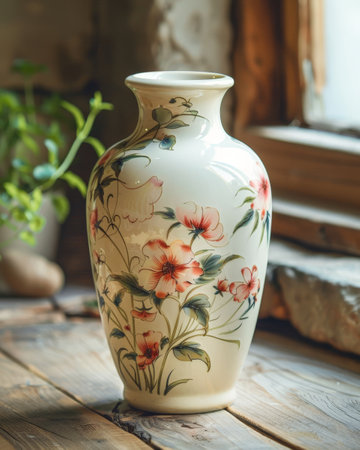 A delicate floral ceramic vase sits on a rustic wooden table by a window, illuminated by natural light and surrounded by greenery.の素材
