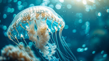 A stunning jellyfish gracefully floats in the deep blue ocean, showcasing its delicate tentacles and bioluminescent glow.の素材