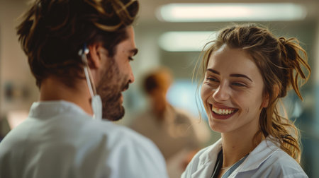 Two doctors sharing a warm smile and conversation in a hospital corridor, highlighting camaraderie and positive workplace atmosphere.の素材