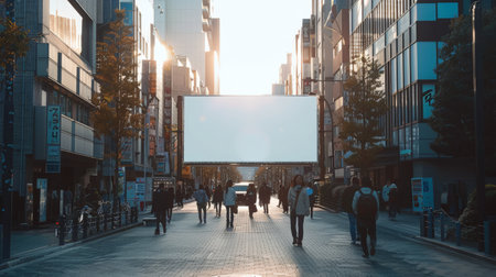 Street-level view of a bustling urban street with a blank billboard, pedestrians, and modern buildings illuminated by the setting sun.の素材