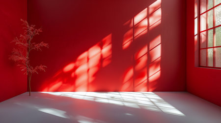 A minimalist red room featuring a lone plant and striking shadows from a window, creating a serene and artistic ambiance.の素材