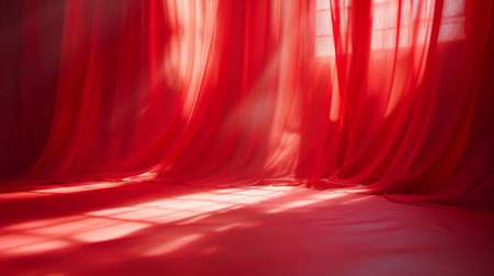 Soft sunlight filters through flowing red curtains, casting gentle shadows and creating a warm, intimate atmosphere in the room.の素材