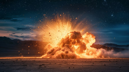 A massive explosion lights up the desert night sky, creating a spectacular scene with fiery bursts and smoke plumes.の素材