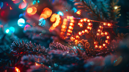 Illuminated 2025 numbers on a festive tree with colorful lights and frosted branches, creating a vibrant and joyful New Year atmosphere.の素材