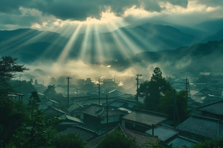 Sun rays pierce through the mist over a serene village surrounded by mountains, creating a breathtaking and tranquil scene.の素材