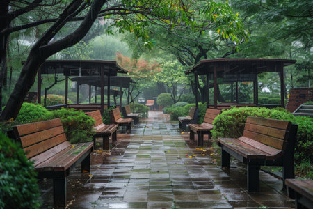 A serene garden path lined with empty wooden benches and lush greenery, captured during a rainy day with wet surfaces and soft light.の素材