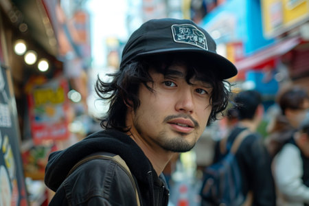 A young man with a cap and casual attire stands in a bustling street market, surrounded by vibrant colors and lively activity.の素材