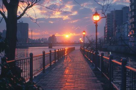 A beautiful sunset casts a warm glow over a river promenade with street lamps, leading to a city skyline in the distance.の素材
