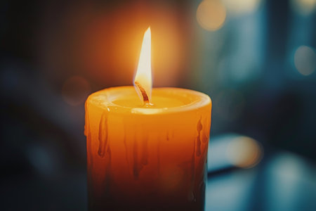 A close-up of a burning candle with a soft, warm glow and a blurred background, creating a serene and cozy atmosphere.の素材