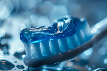 Extreme close-up of a toothbrush with blue gel toothpaste, highlighting the bristles and glossy texture of the toothpaste.の素材