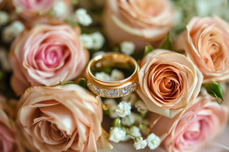 Close-up of wedding rings nestled in a bouquet of peach roses and baby's breath, symbolizing love and commitment.の素材