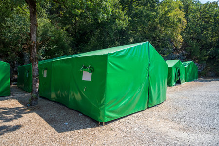 A row of large green camping tents set up in a shaded forest area, creating a peaceful and natural outdoor campsite.の写真素材