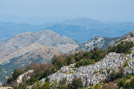 Distant mountain ranges under a clear sky, with rugged rocky terrain and patches of forest in the foreground.の写真素材
