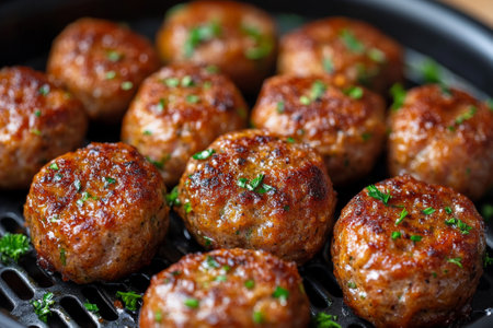 Close-up of perfectly grilled meatballs garnished with fresh herbs, showcasing a crispy, golden-brown exterior and juicy interior on a grill surface.の素材
