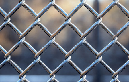 Detailed shot of a metal chain link fence covered in frost during winter, with a soft blurred background for contrast.の素材