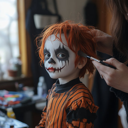 A young child dressed in a spooky Halloween costume with striking white and black face paint, getting final makeup touches by an adult.の素材