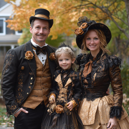 A smiling family dressed in elegant, matching Victorian steampunk costumes with gold and black details, posing outdoors in a festive autumn setting.の素材