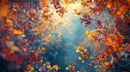 Vibrant orange and red autumn leaves create a dreamy frame in a misty forest, illuminated by soft sunlight through the trees.の素材