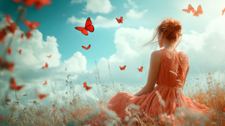 A serene scene of a woman in an orange dress sitting in a meadow, surrounded by fluttering butterflies under a bright, sunny sky with fluffy clouds.の素材