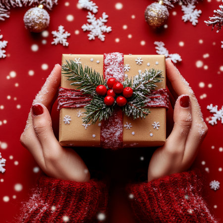 Close-up of hands in a red sweater holding a beautifully wrapped Christmas gift with red ribbon, pine sprigs, and berries, dusted with snow, against a festive red background decorated with snowflakes and ornaments.の素材