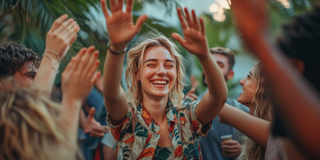 Joyful group of friends outdoors, smiling and raising their hands in celebration, capturing fun, friendship, and positive energy in a tropical setting.の素材