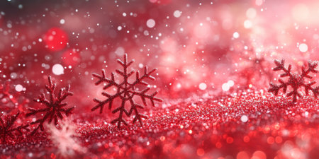 A vibrant holiday scene featuring glittery red snowflakes resting on sparkling red glitter, with soft bokeh lights in the background, evoking a festive Christmas atmosphere.の素材