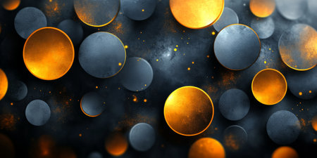 Dynamic abstract design featuring floating gold and gray spheres with textured surfaces, set against a dark background, creating a glowing, futuristic atmosphere.の素材