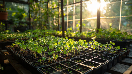 A warm and inviting greenhouse scene with vibrant seedlings growing in trays, illuminated by soft, golden sunlight, showcasing the nurturing process of early plant growth.の素材