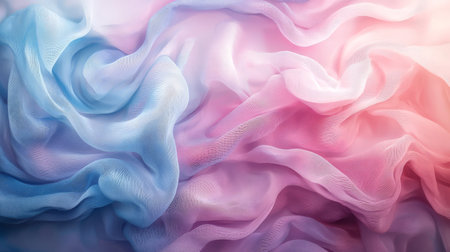 Abstract image of delicate, translucent fabric in pastel blue and pink, creating flowing, wave-like textures and soft gradients.の素材