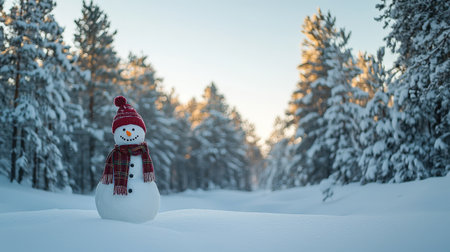 A snowman wearing a red hat and plaid scarf stands in a serene snowy forest clearing, surrounded by snow-covered trees at sunset.の素材