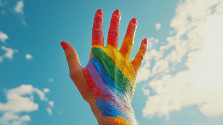 A hand painted in vibrant rainbow colors is raised toward the blue sky, symbolizing pride, creativity, and freedom on a sunny day.の素材