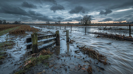 A dramatic landscape of flooded farmland, with water flowing through fields and dark stormy clouds overhead, capturing the power of nature and severe weather conditions.の素材
