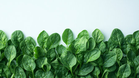 A neat arrangement of fresh spinach leaves against a light background, highlighting their vibrant green color and natural texture in a clean, minimalist style.の素材