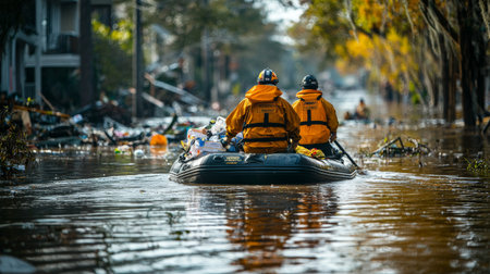 Rescue workers in an inflatable boat deliver aid and supplies while navigating debris-filled streets after severe flooding in a residential area.の素材