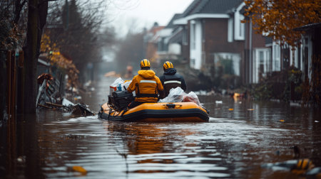 Two rescue workers in an inflatable boat move through flooded streets, delivering aid and supplies to a submerged neighborhood after heavy rainfall.の素材