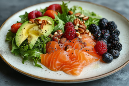 Fresh salmon slices paired with avocado, mixed greens, berries, and nuts, creating a colorful and healthy gourmet salad dish.の素材