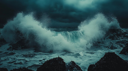A dramatic scene of a large ocean wave crashing violently against rocks during a dark and stormy night, creating intense sea spray.の素材