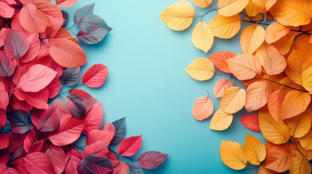 Beautiful arrangement of red and yellow autumn leaves framing a turquoise background, highlighting the contrast between warm fall tones and cool colors.の素材