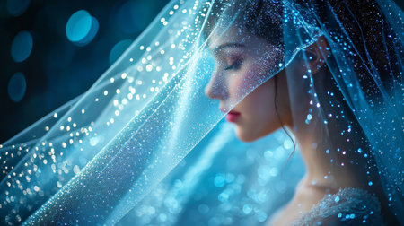 Profile of a woman with a shimmering veil draped over her, illuminated by soft blue light, evoking beauty and mystery in an ethereal scene.の素材