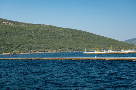 A scenic pier extends into the sea, with green hills in the background under a clear, bright blue sky.の写真素材
