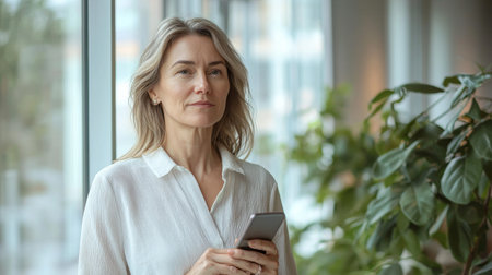 Elegant mature woman with smartphone standing near window, exuding confidence and calm, surrounded by natural light and indoor plants.の素材
