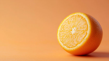 Close-up of a juicy half orange with glistening pulp, placed against a soft peach background, highlighting freshness and simplicity.の素材