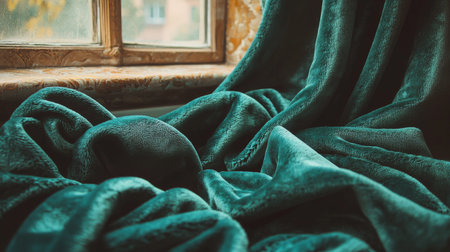 Soft green velvet fabric draped near an old wooden window, creating a warm and luxurious atmosphere with natural light.の素材
