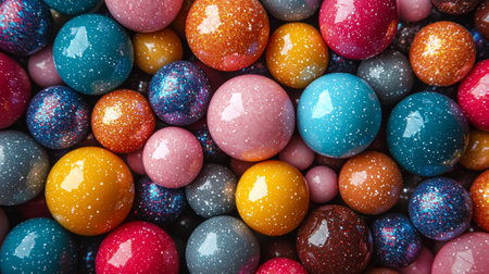 A dazzling collection of colorful marbles with glittering speckles, creating a playful and visually captivating design.の素材