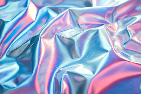 Close-up of crinkled iridescent fabric with a glossy surface reflecting pastel hues of blue, pink, and purple tones.の素材