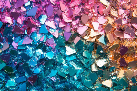 Vibrant close-up of metallic shards in blue, pink, and gold hues, reflecting light and creating an iridescent, textured surface.の素材