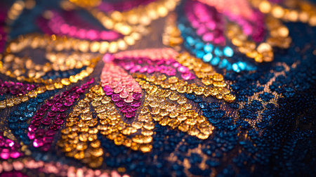 Close-up of vibrant multicolored sequin embroidery forming intricate patterns on dark fabric, featuring gold, pink, and blue sparkles.の素材